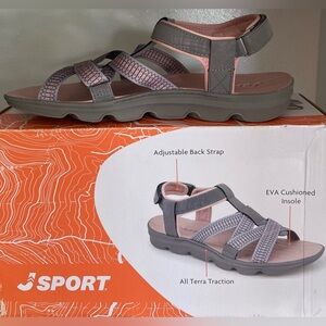 NEW.. WOMENS J SPORT HOOK AND LOOP GRAY AND PINK COMFORT SANDALS
